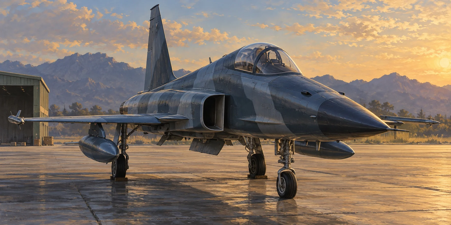 Original illustration of an F-5 Tiger II-inspired jet parked on an airfield
