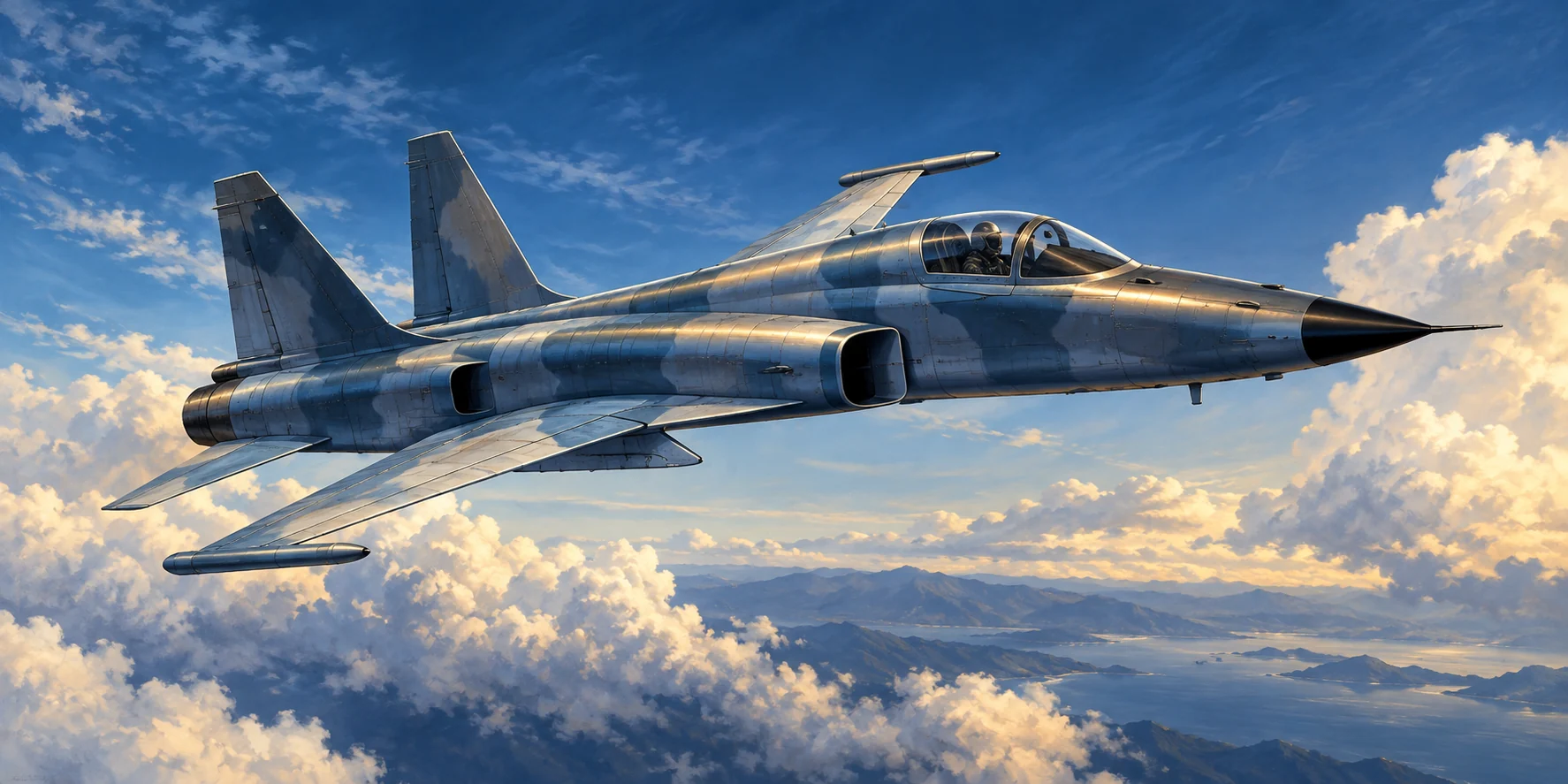 Original illustration of an F-5 Tiger II-inspired jet flying above clouds